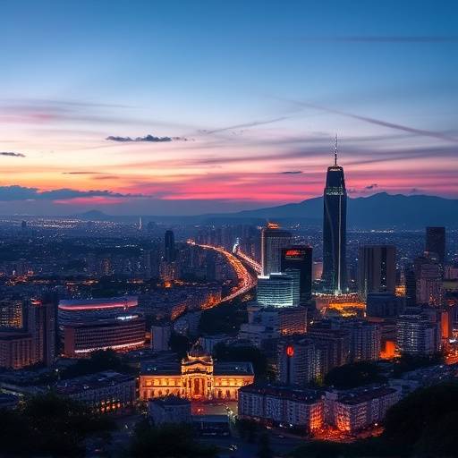 Foto panorâmica do horizonte de São Paulo ao entardecer, com destaque para a iluminaäão urbana.