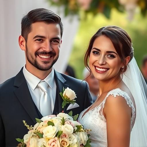 Fotografia de um casal sorrindo durante a cerimônia de casamento, com o noivo segurando a noiva no colo.