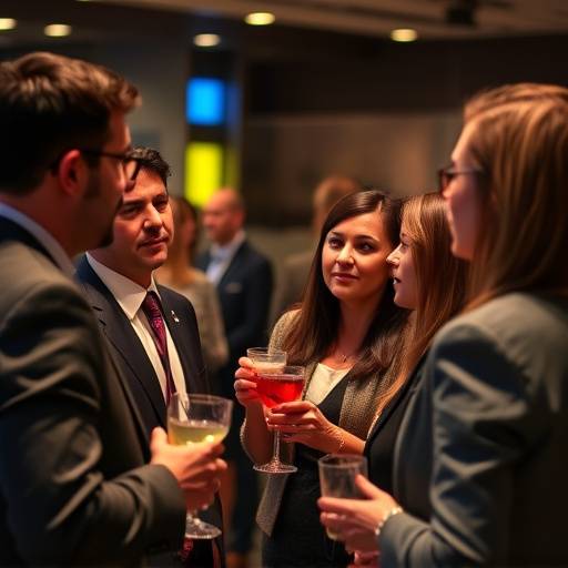 Fotografia de um evento corporativo com pessoas em um coquetel, demonstrando networking e interaäão profissional.
