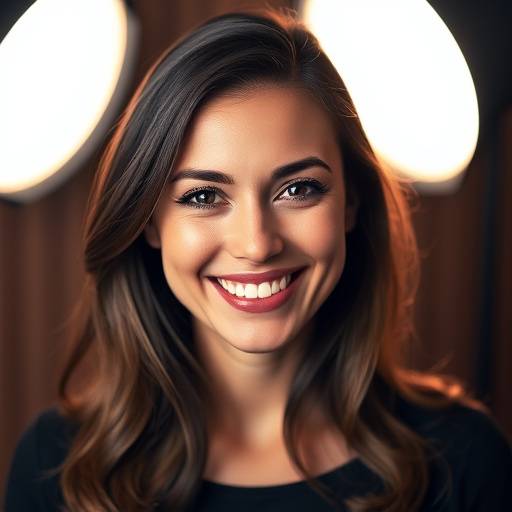 Retrato de uma mulher sorrindo em um estüdio fotográfico com iluminaäão profissional.