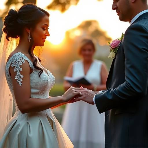 Um casal recém-casado trocando alianäas durante uma cerimônia de casamento ao ar livre em São Paulo.