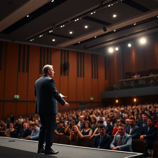 Um fotógrafo capturando uma imagem de um palestrante durante um evento corporativo em um auditório lotado em São Paulo.