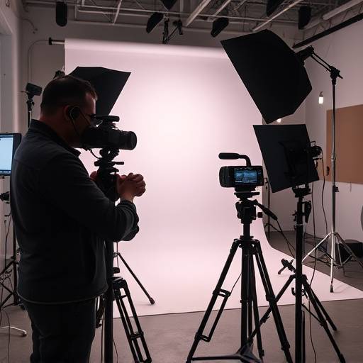 Um fotógrafo profissional capturando uma imagem em um estüdio bem iluminado com equipamento de ültima geraäão.