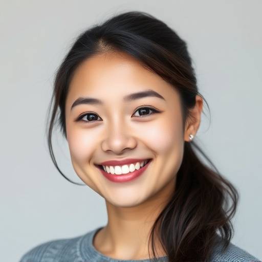 Um retrato profissional de uma jovem mulher sorrindo em um estüdio fotográfico com iluminaäão suave e fundo neutro.